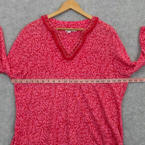 Chico’s Size 3 XL Reef Pink Red Linen Beaded Embellished Split Neck Tunic Top - Picture 12 of 14